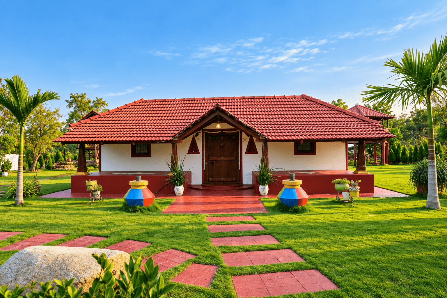 A red-tiled cottage with painted pots on the lawn