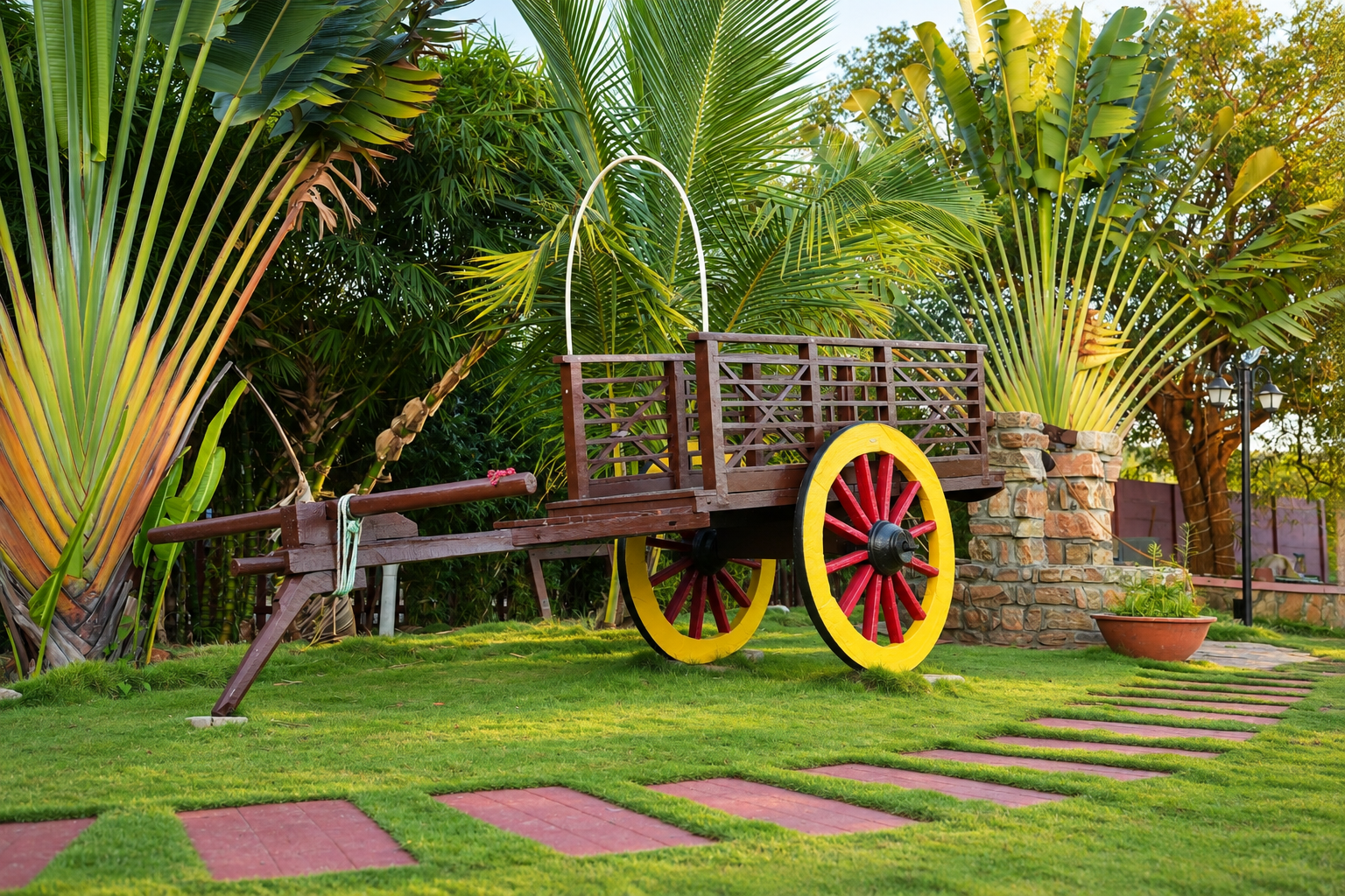 A wooden bullock cart with yellow wheels among palms