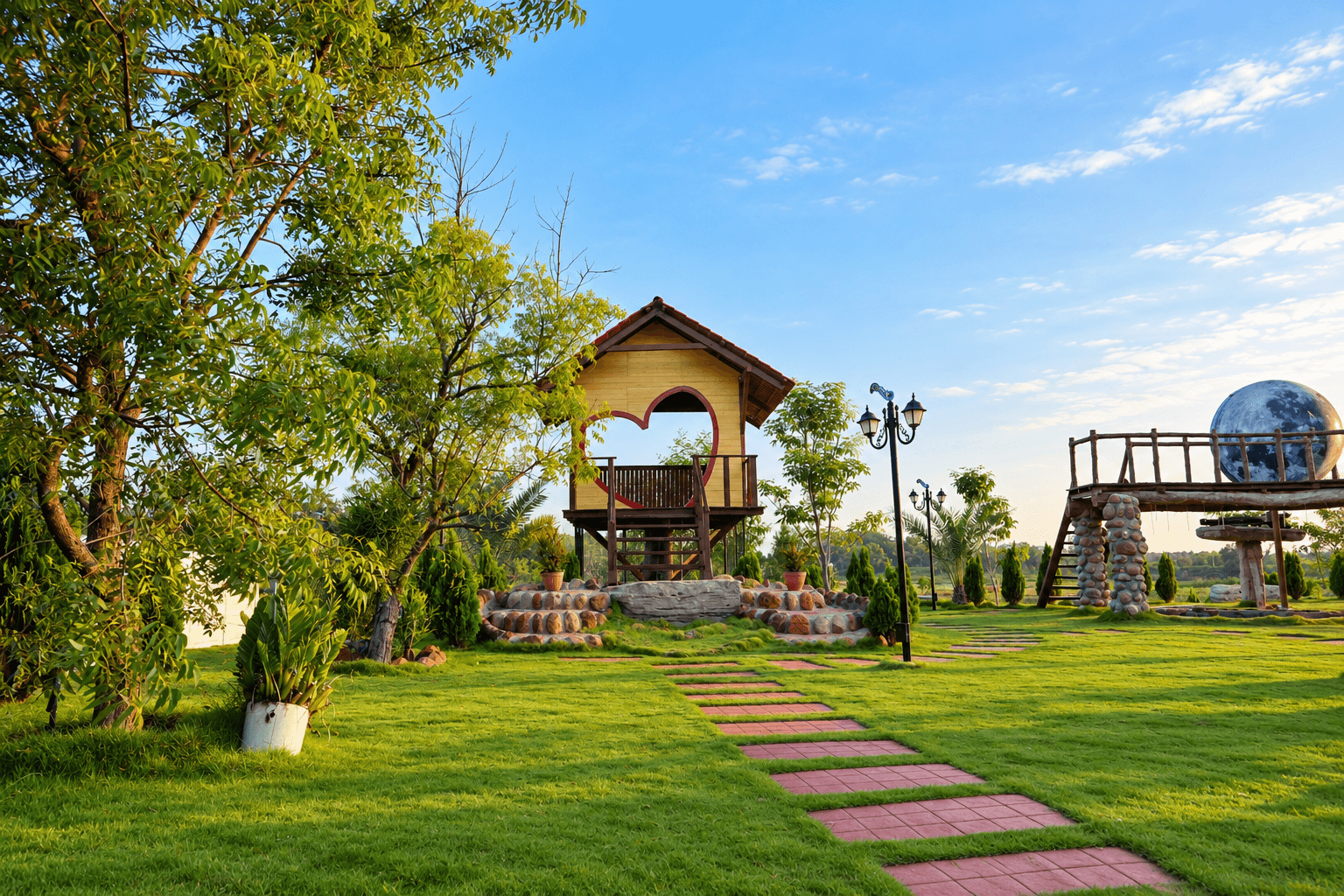 A garden path leading to the heart-window treehouse