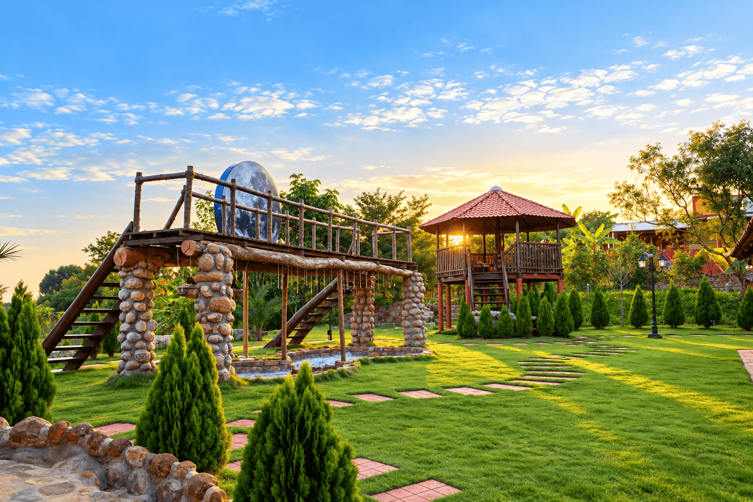 The wooden play deck and gazebo at sunset