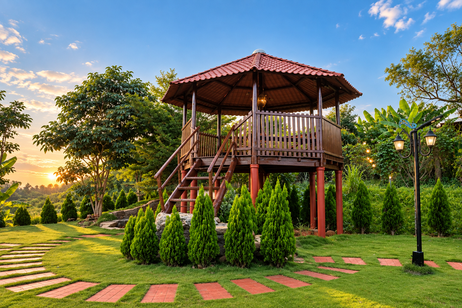 A raised wooden gazebo among cypress trees