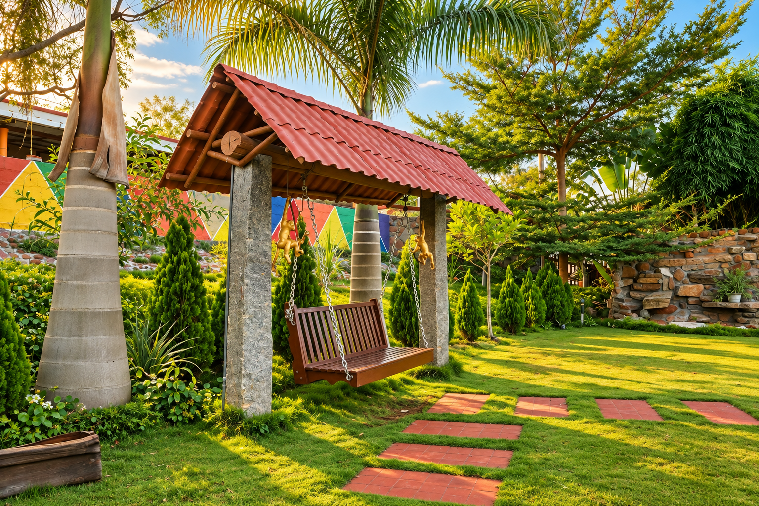 A wooden swing under a red-tiled canopy