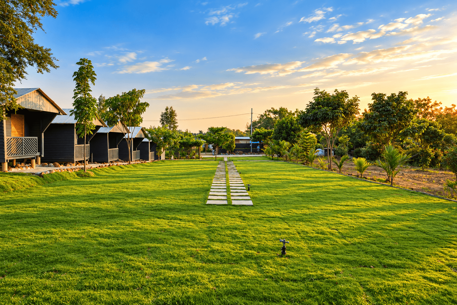 The open lawn at sunset, with cottages along one side