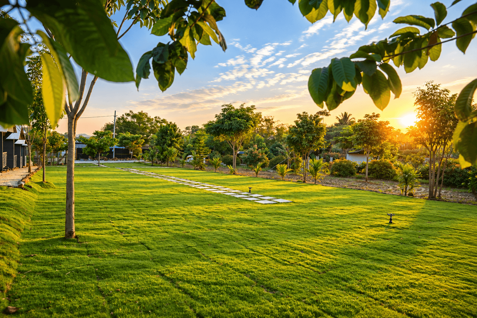 Sunset through the trees over the event lawn