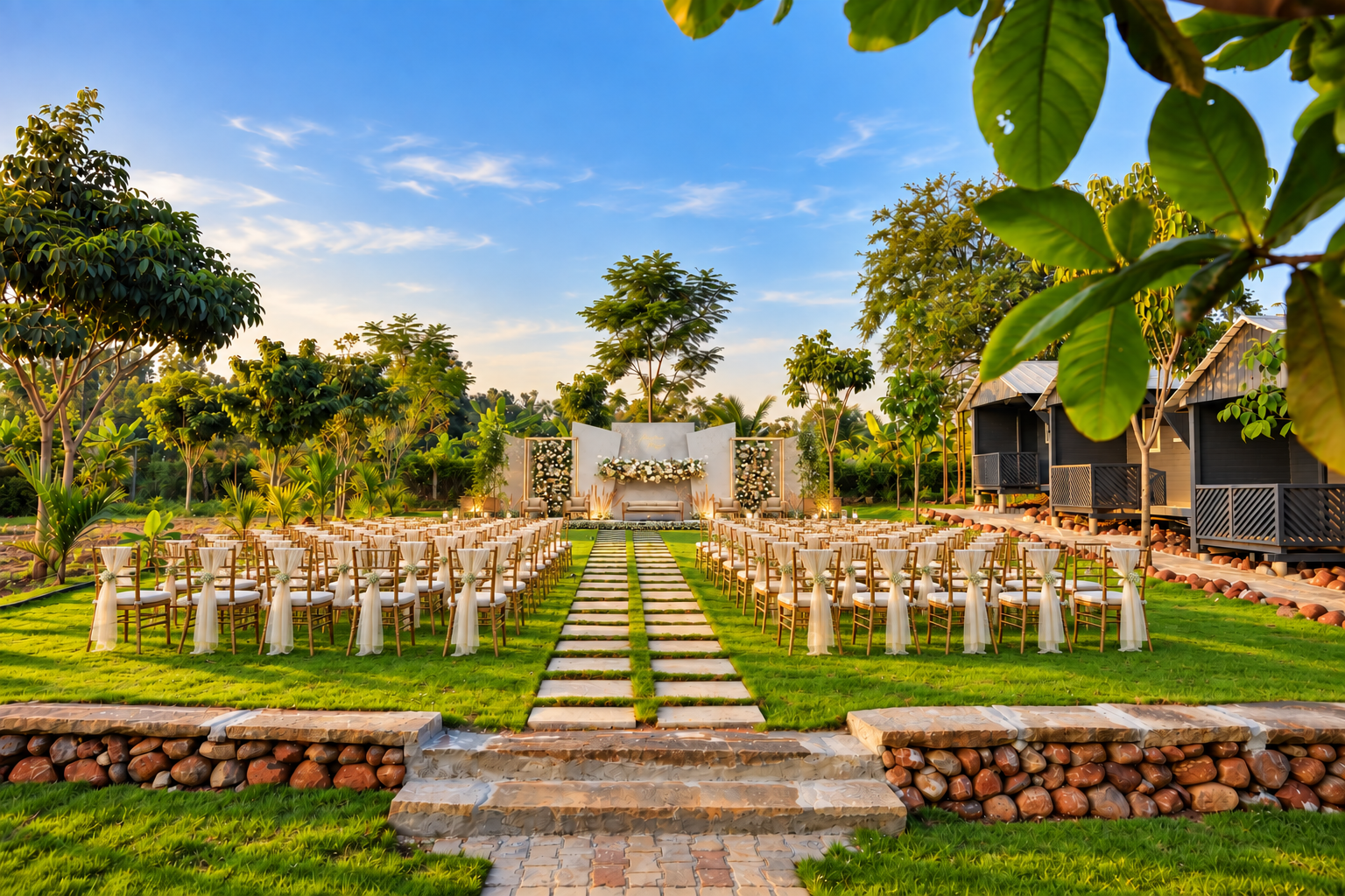 Rows of chairs on the lawn facing a floral ceremony backdrop