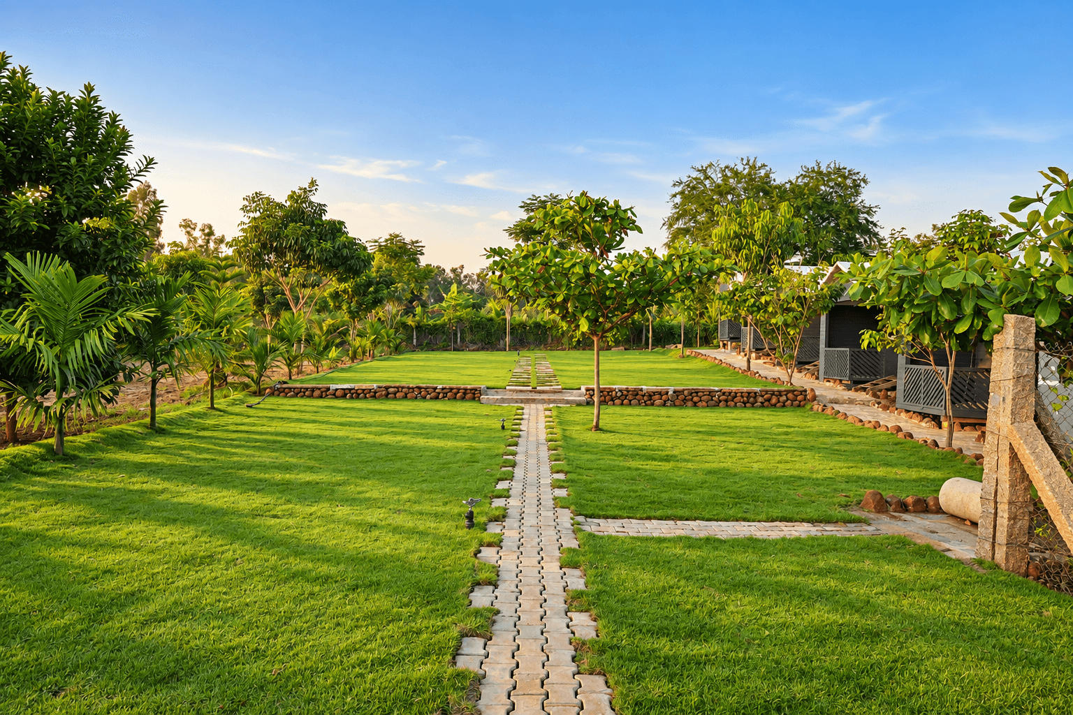A stone path leading across the open lawn toward the cottages