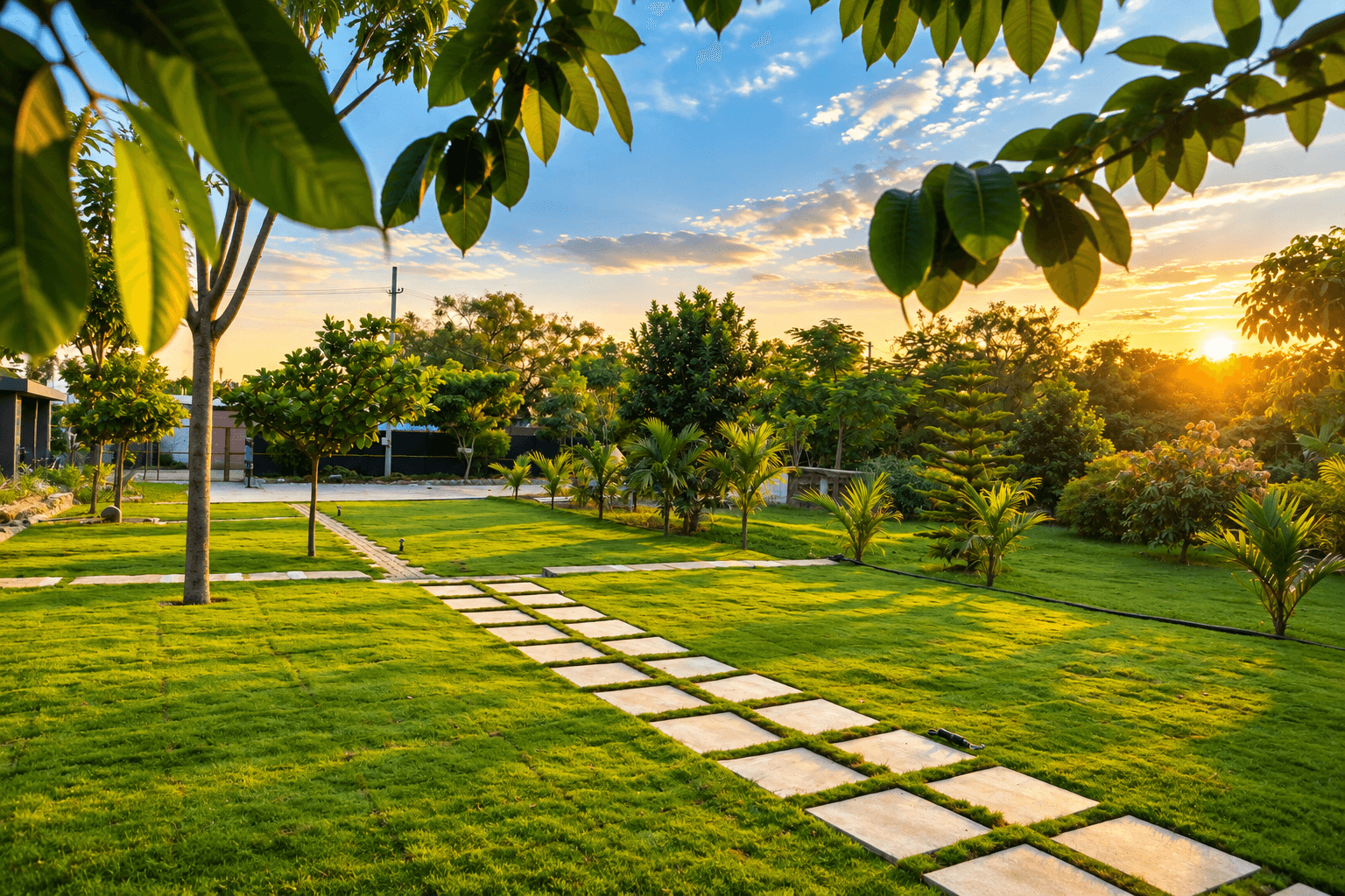 A stepping-stone path across the lawn at sunset