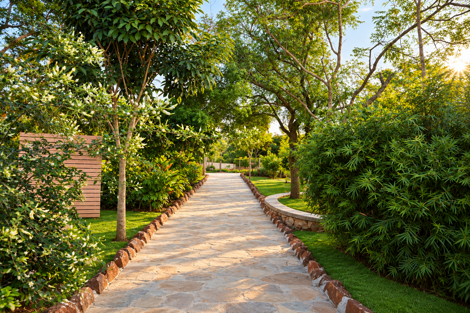 A shaded garden walkway through the trees
