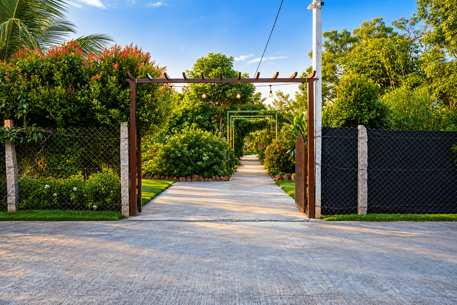 The entrance gateway, with a pergola and flowering creepers