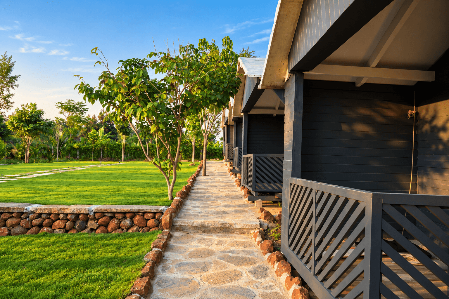 The stone walkway beside the cottage verandas