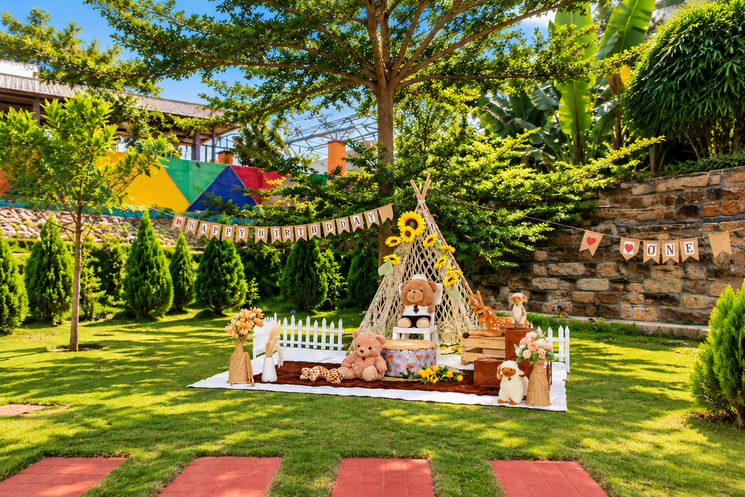 The birthday teepee framed by a white picket fence on the lawn