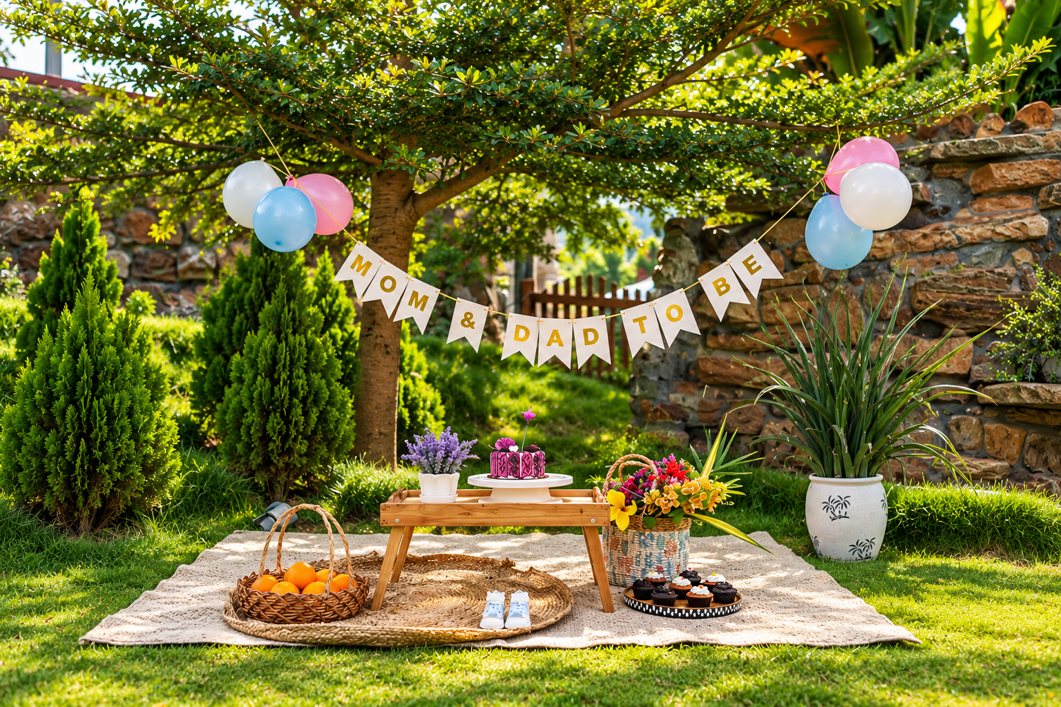 A 'Mom & Dad to be' picnic setup with balloons and a low wooden table