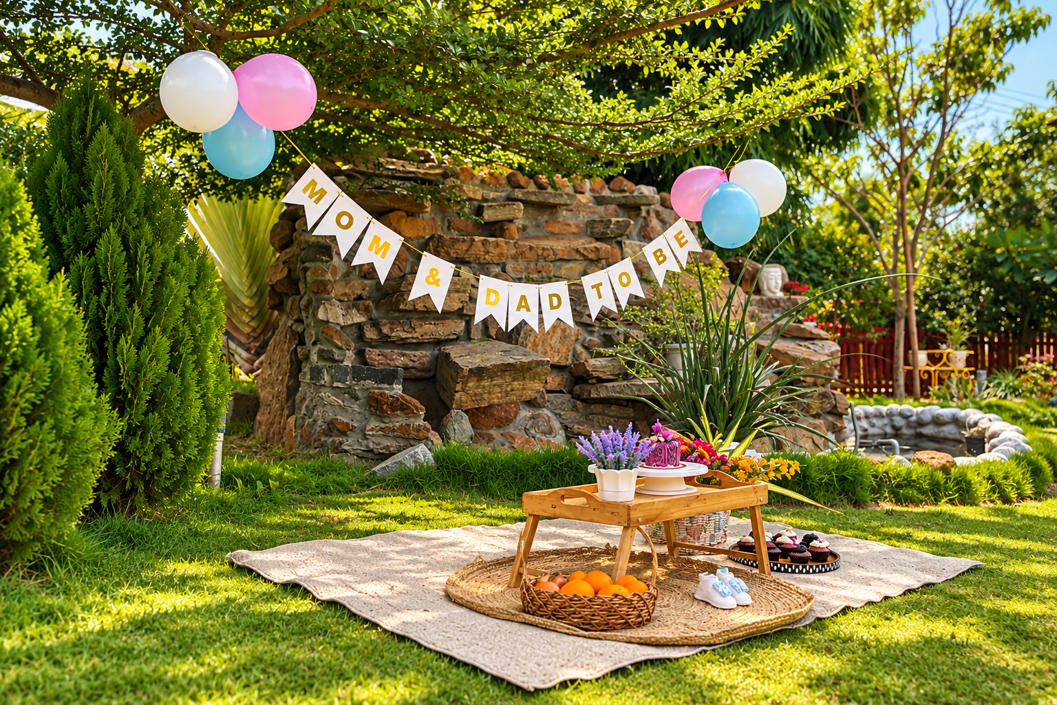 A baby-shower picnic under the trees, with pastel balloons and fruit baskets